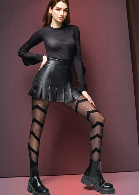 Tights-Giulia Fashion Net Chevron Tights Black
