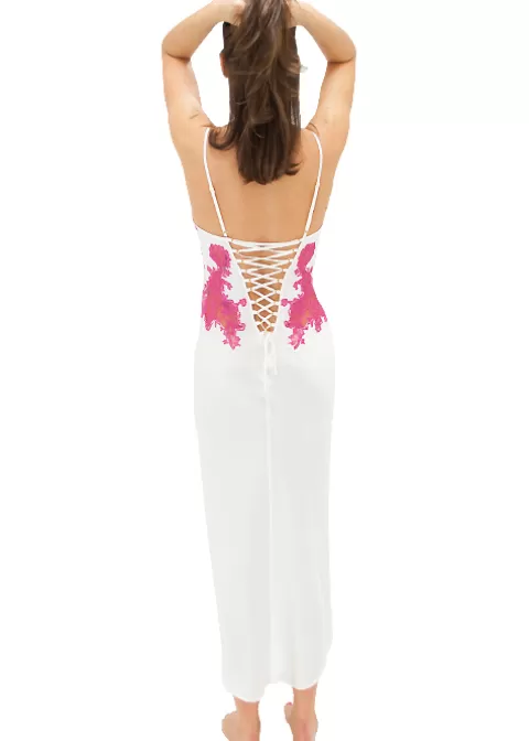 Nightwear-Marjolaine Silk And French Lace Nightgown Ivory Ivory Fuchsia