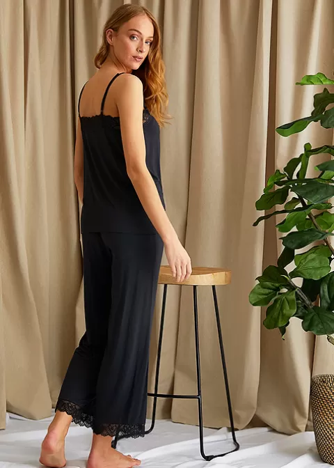 Pyjamas-Pretty You London Bamboo Lace Cami And Cropped Trouser Pyjama Set Raven