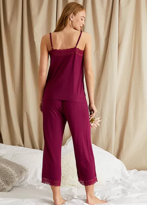 Pyjamas-Pretty You London Bamboo Lace Cami And Cropped Trouser Pyjama Set Bordeaux